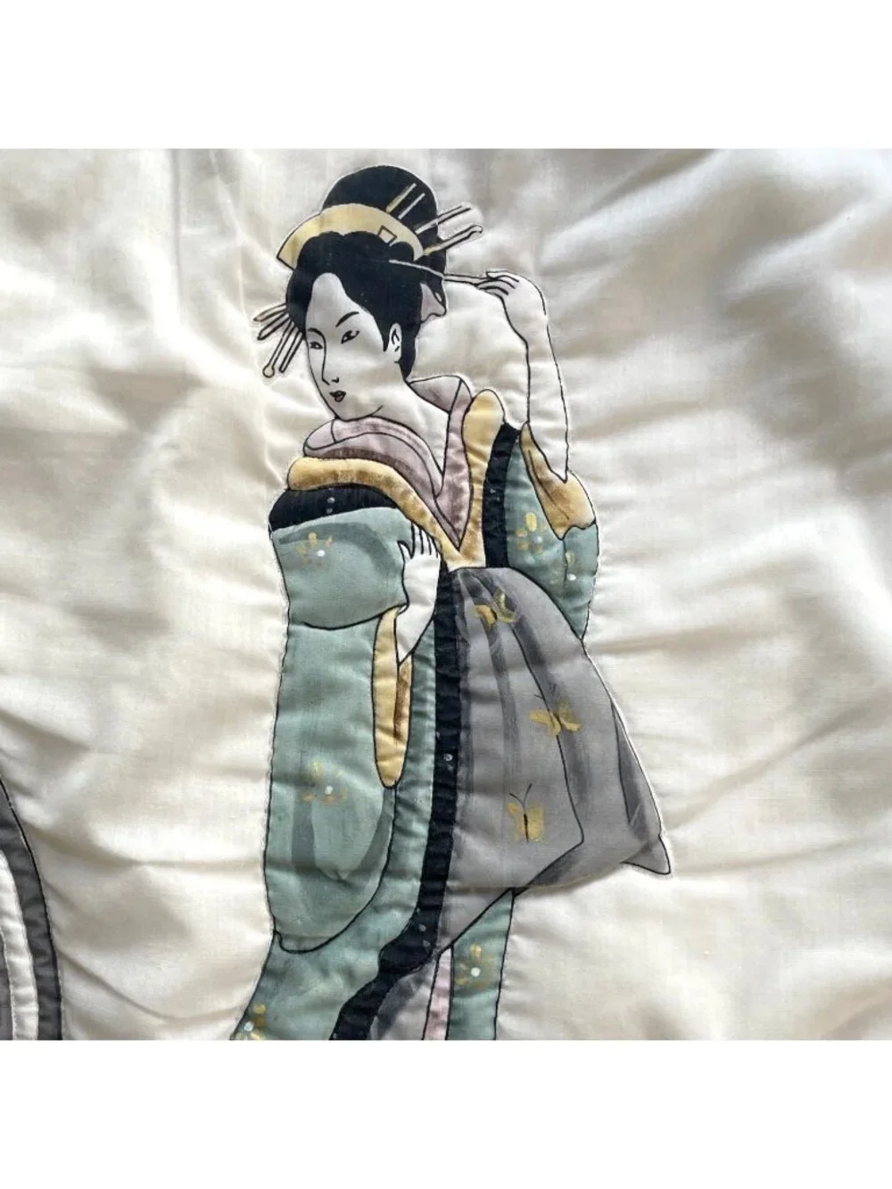 Vintage Handpainted Quilted Bijin-ga Japanese Geisha Scenic Throw Pillow Cover